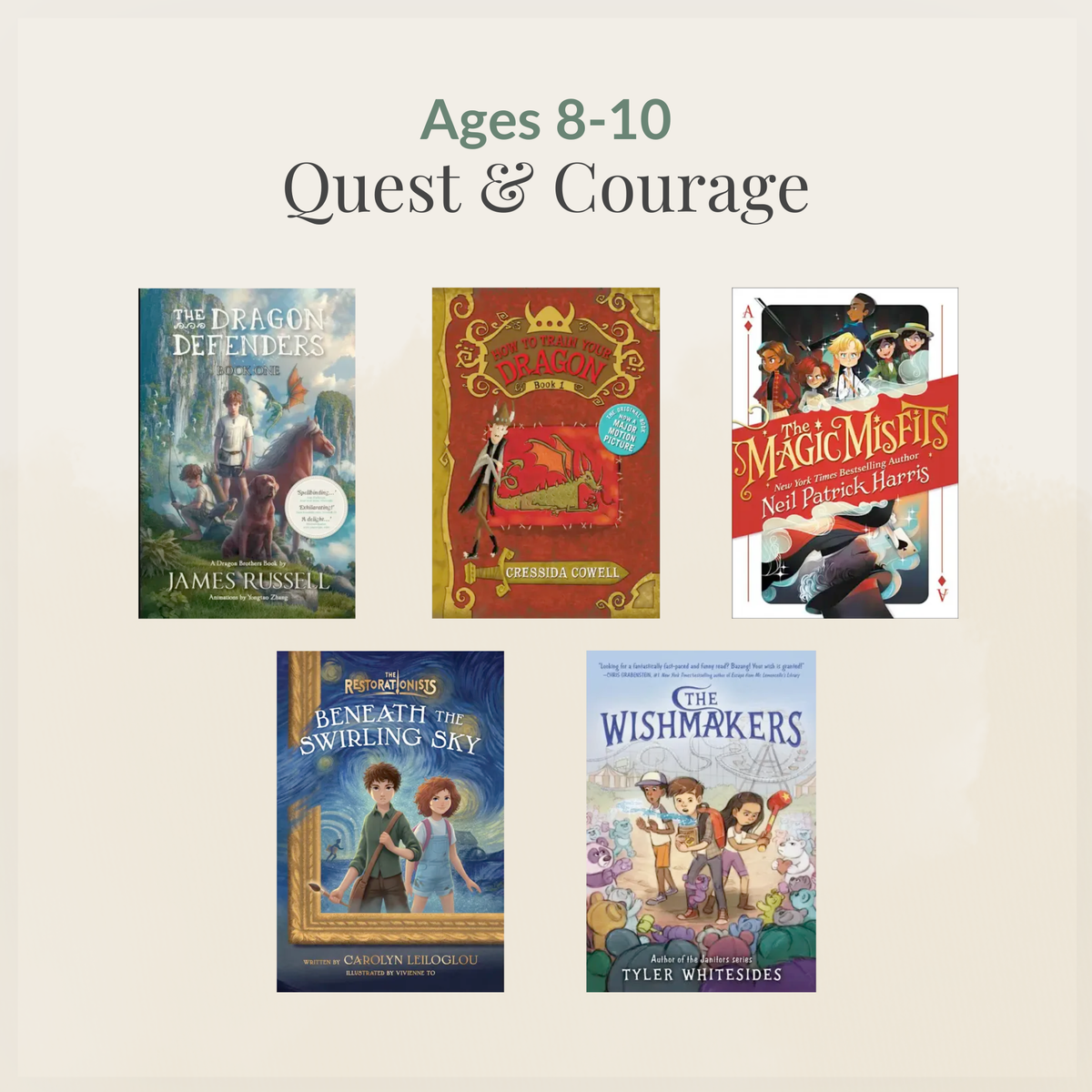 Ages 8–10: Quest & Courage book sampler featuring The Dragon Defenders, How to Train Your Dragon, The Magic Misfits, Beneath the Swirling Sky, and The Wishmakers