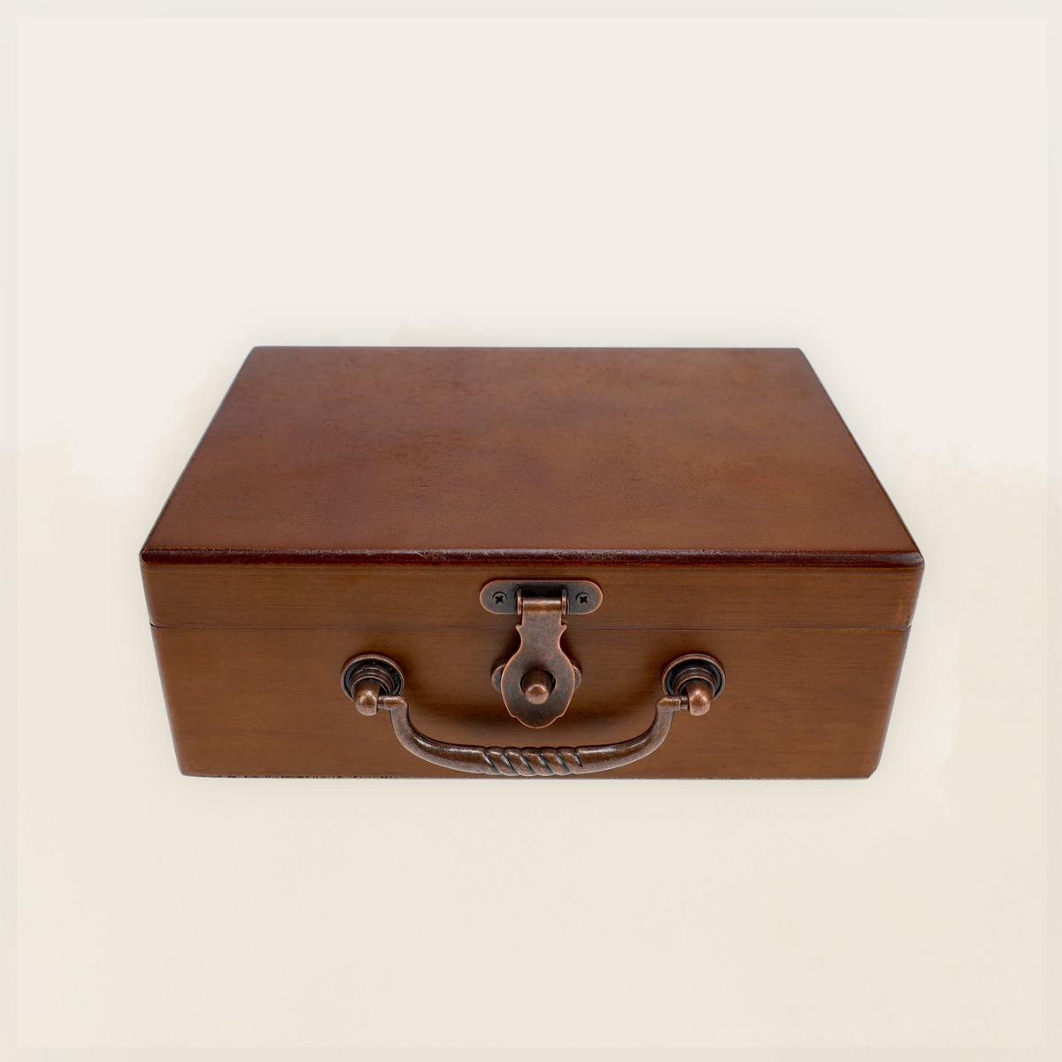 Walnut-stained wooden treasure box with metal latch and handle for storing the domino set
