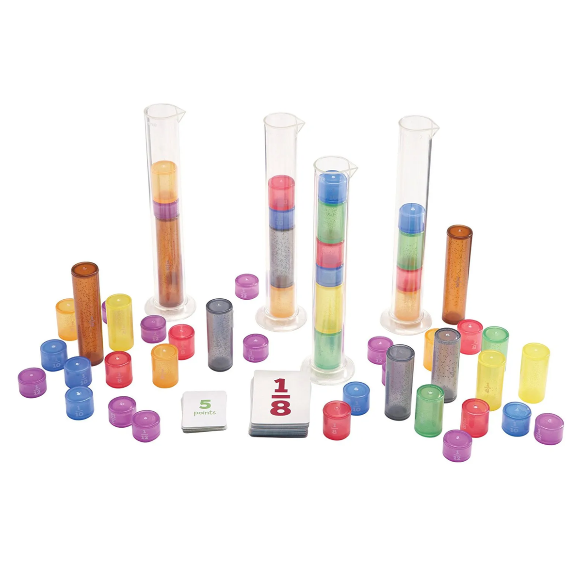 Fraction Formula game components with fraction pieces, cards, and clear measuring cylinders