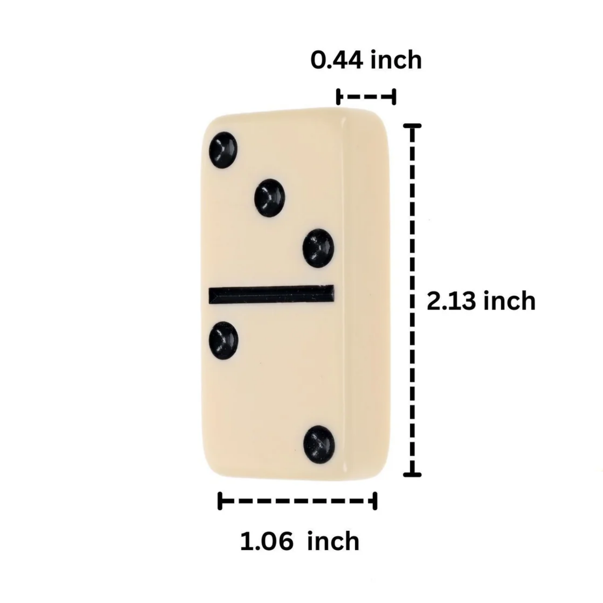 Ivory double-six domino measuring 2.13 inches long, 1.06 inches wide, and 0.44 inch thick