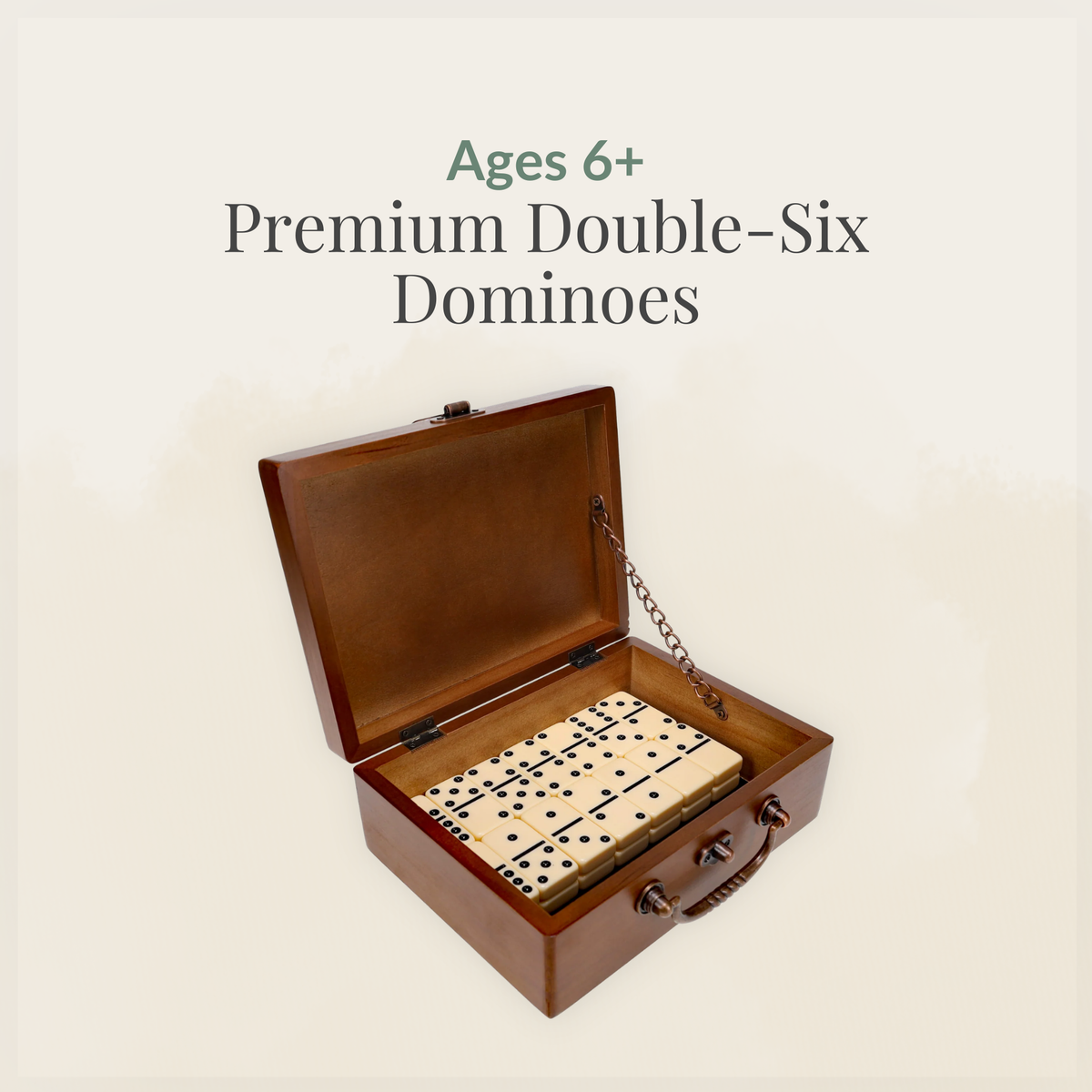Premium Double-6 Dominoes with oversized ivory tiles and walnut-finish wooden storage box