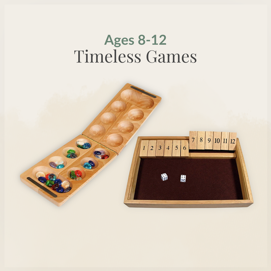 Ages 8–12: Timeless Games collection featuring Folding Wooden Mancala and 12 Number Shut the Box