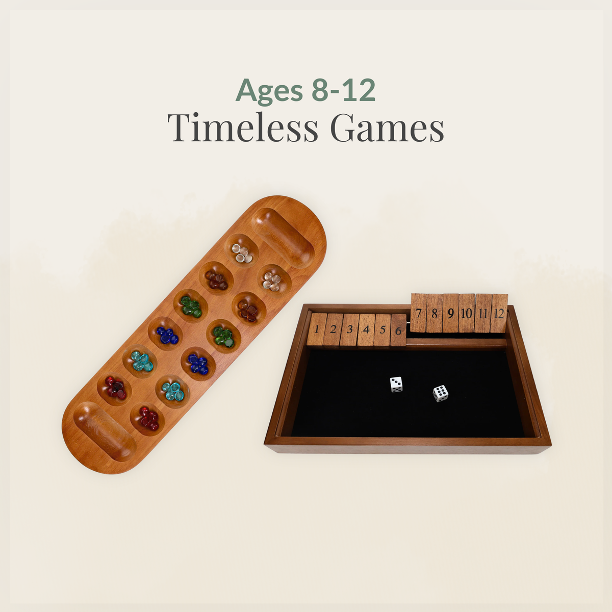 Ages 8–12: Timeless Games collection with wooden Mancala and Shut the Box games